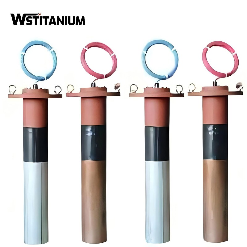 High-quality titanium electrodes with colorful rubber rings, designed for durability and efficient conductivity in electrochemical processes.