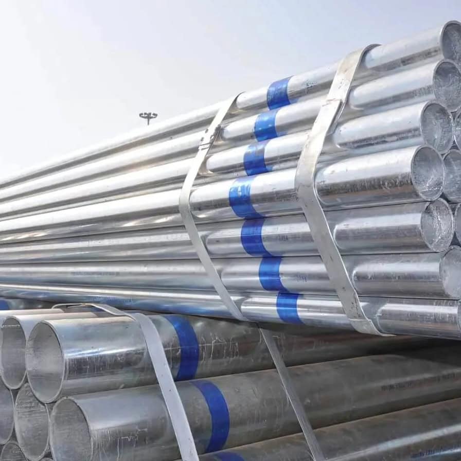 High-quality stainless steel tubes with blue bands, secured with metal straps, ideal for industrial use and construction projects. Durable, corrosion-resistant, precision-cut piping solutions.