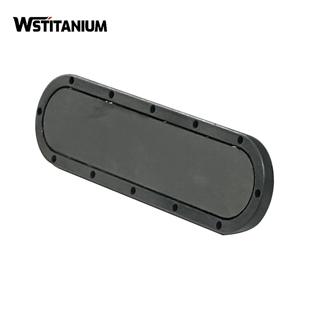 Close-up of black titanium battery cover with screw holes for secure fit, showcasing corrosion-resistant and lightweight design.